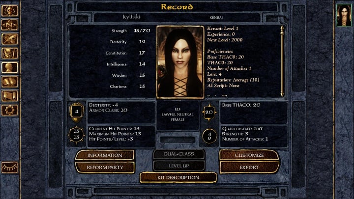 Cechy postaci pojawiają się najczęściej w grach RPG. Na zdjęciu ekran prezentujący atrybuty bohaterki gry Baldur’s Gate: Enhanced Edition. - 2017-10-30